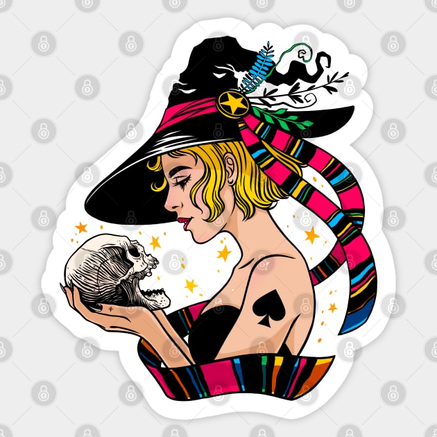 Beautiful witch holding a skull Sticker by OccultOmaStore